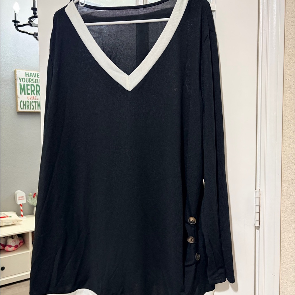 SHEIN Black V-Neck Sweater with White Trim